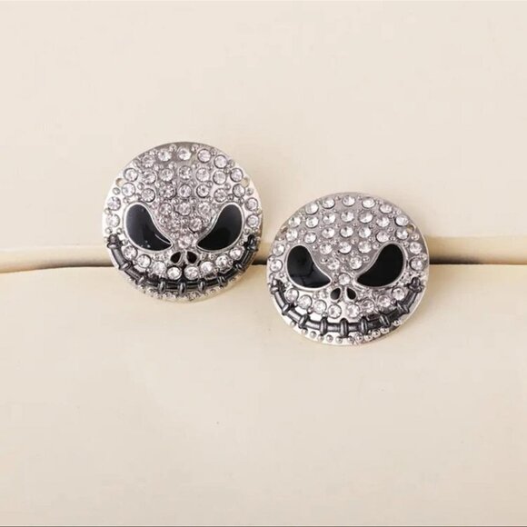 Halloween Skull Statement Earrings Rhinestone Jack Skellington Inspired Stud - Picture 1 of 11